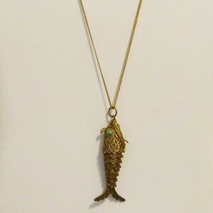 Vintage Chinese Gold Vermeil Articulated Filigree Koi Fish Necklace Pendant